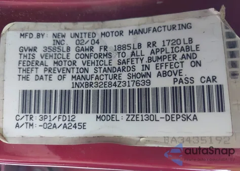 2004 Toyota Corolla S z USA, uszkodzony, nr VIN 1NXBR32E84Z317639